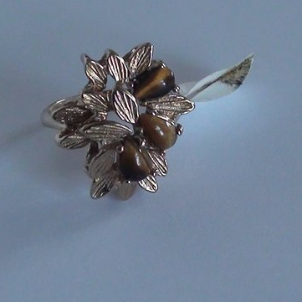 TIGER EYE CLUSTER RING FRENCH DESIGN 18K hge SPRAY LEAVES ANTIQUE MADE BY VARGAS